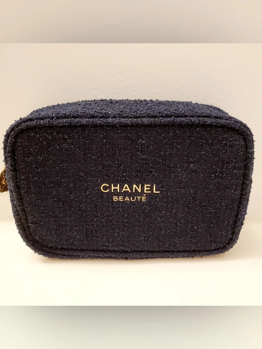 CHANEL Navy Tweed Beauté Cosmetic Case with Gold Logo, Classic Beauty